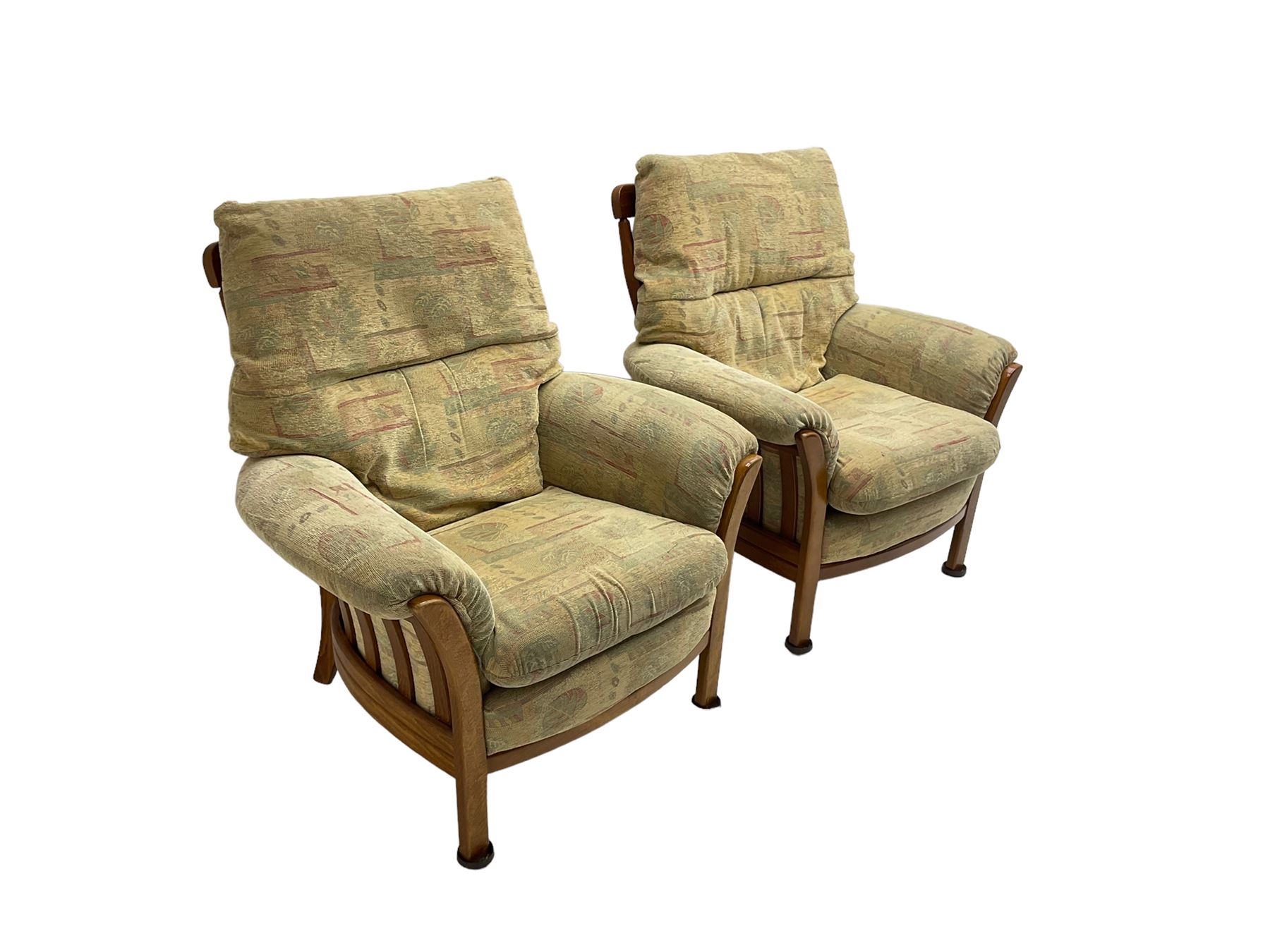 Mid-20th century beech framed three seat sofa (W1180cm) and pair of matching armchairs (W95cm) uphol - Image 3 of 15