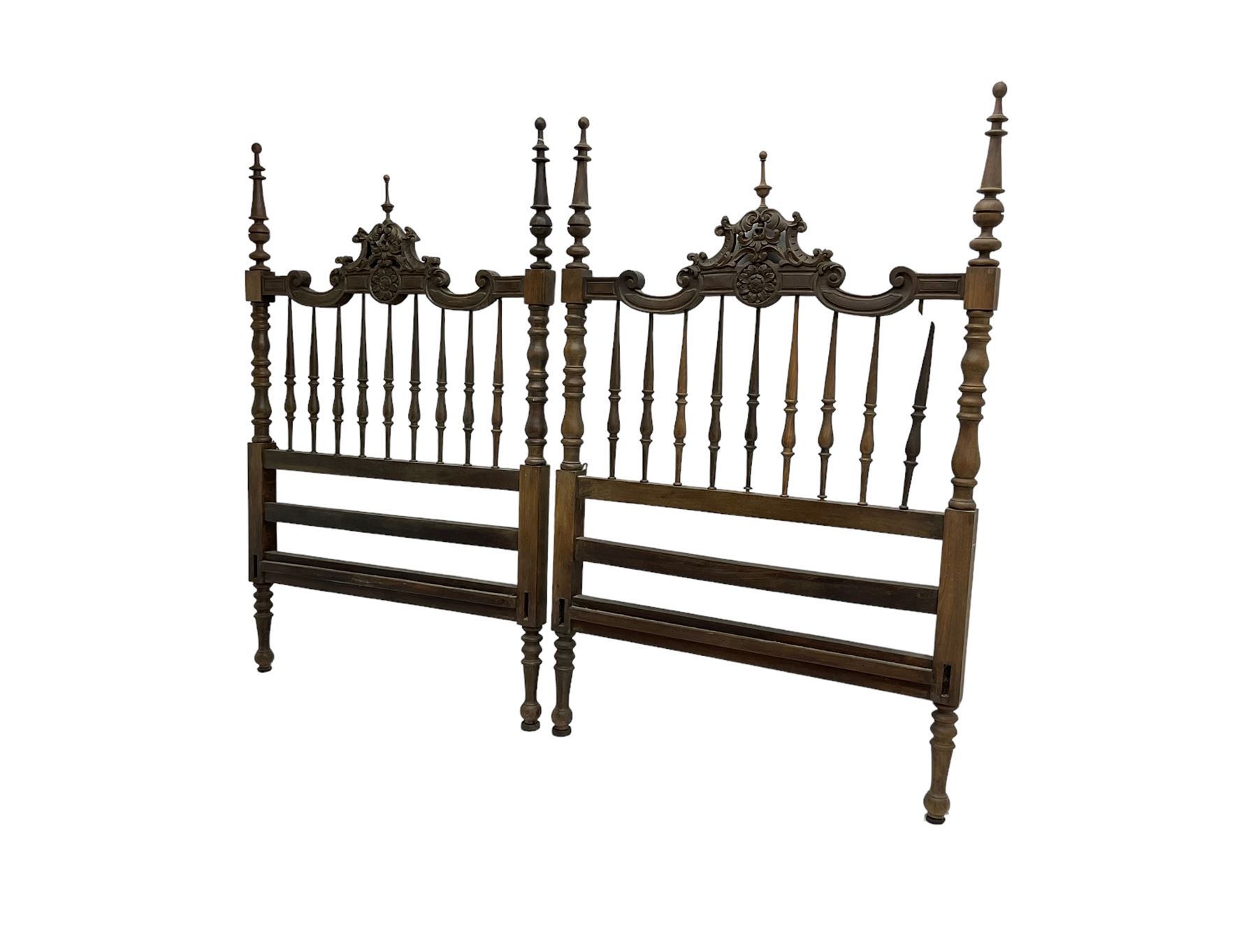 Pair Spanish stained beech single 3' bedsteads - Image 5 of 12