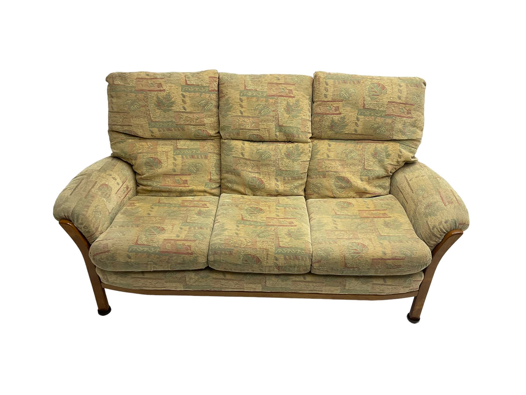 Mid-20th century beech framed three seat sofa (W1180cm) and pair of matching armchairs (W95cm) uphol - Image 8 of 15