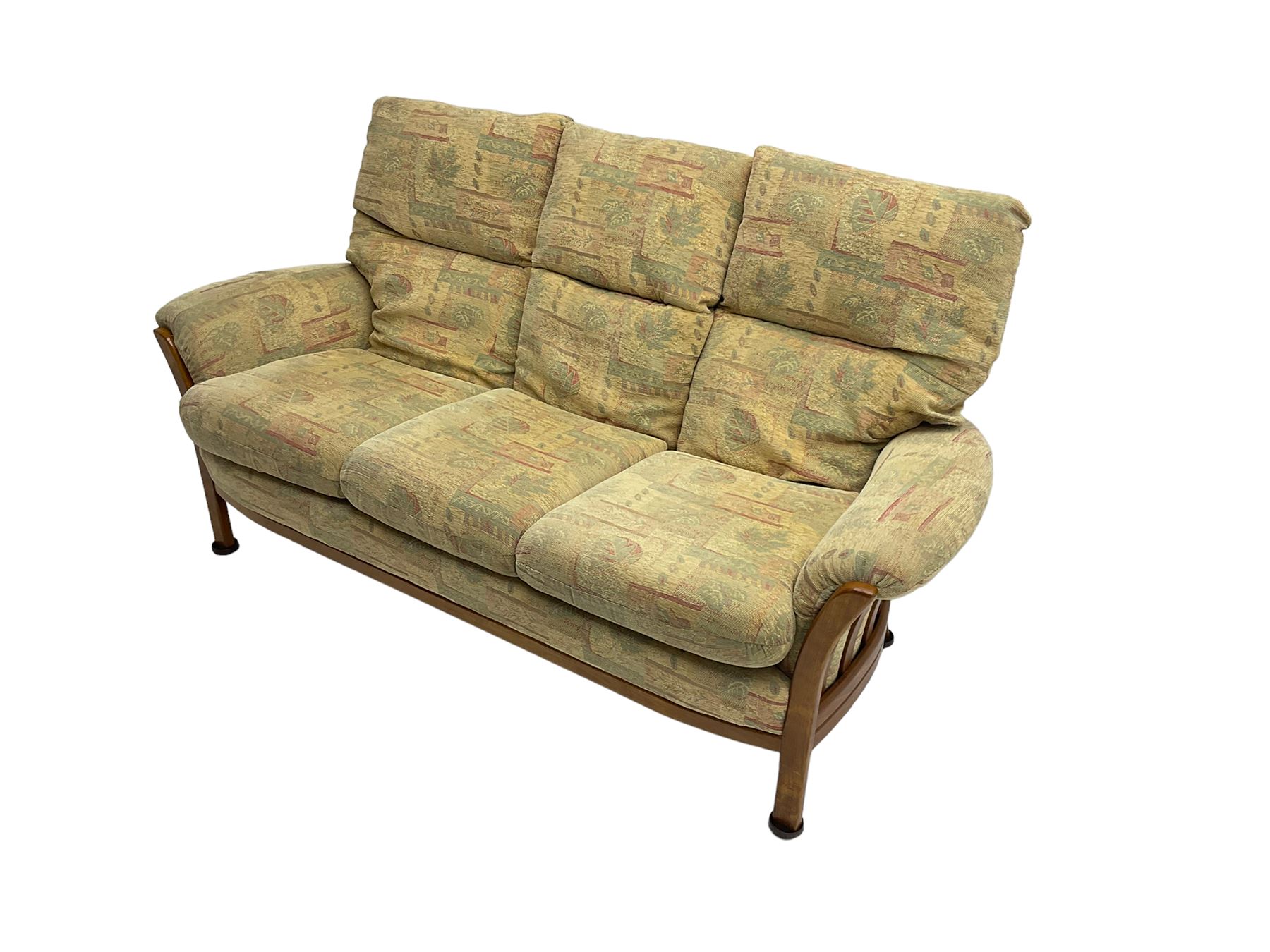 Mid-20th century beech framed three seat sofa (W1180cm) and pair of matching armchairs (W95cm) uphol - Image 7 of 15