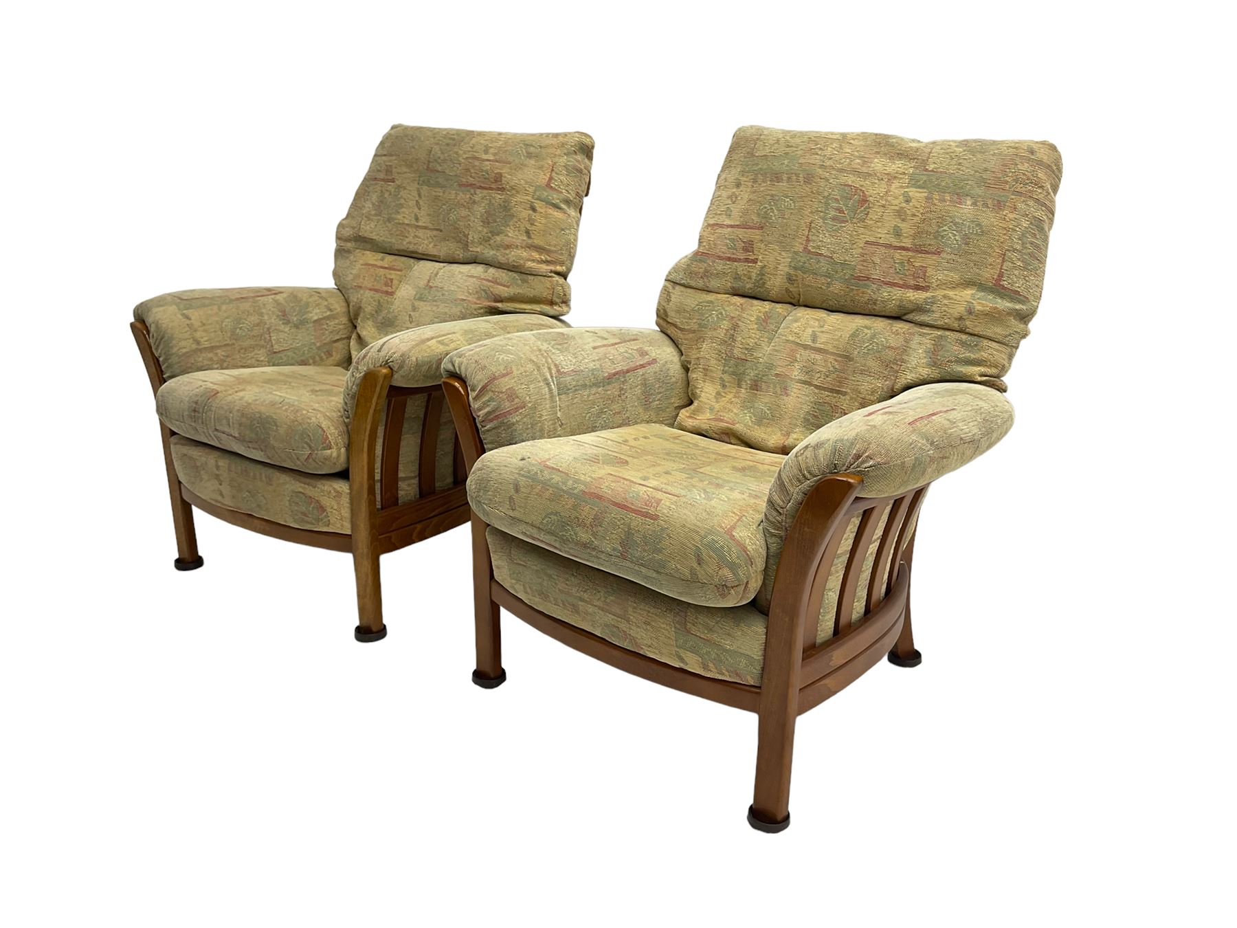 Mid-20th century beech framed three seat sofa (W1180cm) and pair of matching armchairs (W95cm) uphol - Image 2 of 15