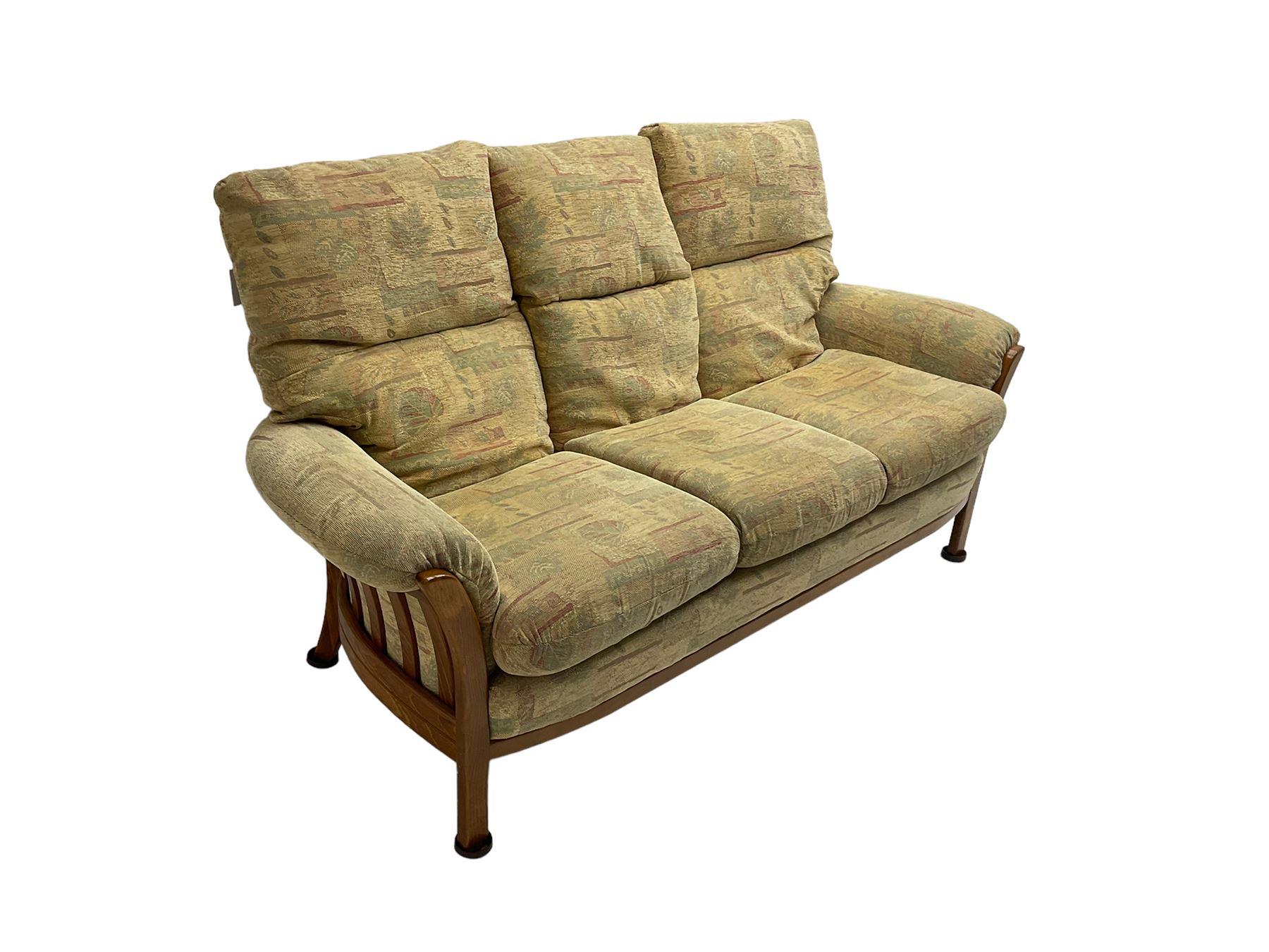 Mid-20th century beech framed three seat sofa (W1180cm) and pair of matching armchairs (W95cm) uphol - Image 10 of 15
