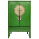 Chinese green lacquered hardwood moon cabinet