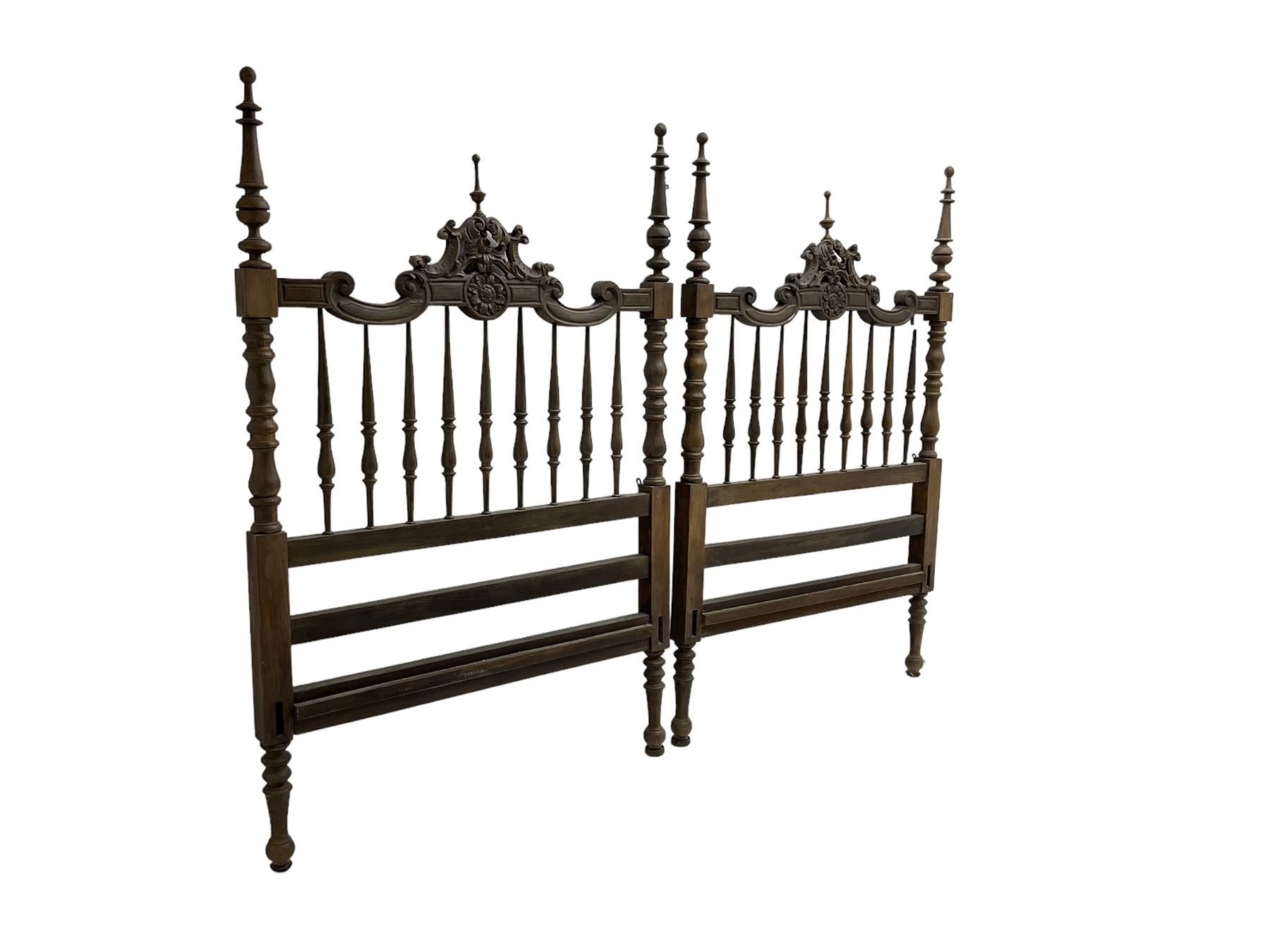Pair Spanish stained beech single 3' bedsteads - Image 7 of 12