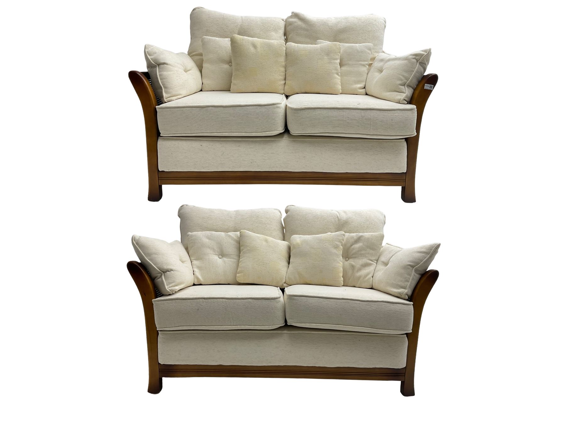 Pair mid-to late 20th century stained beech two seat sofas