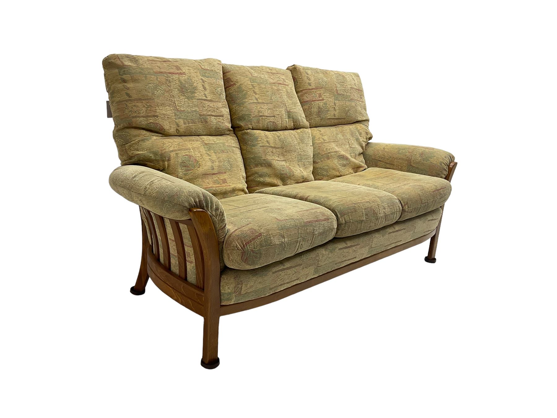 Mid-20th century beech framed three seat sofa (W1180cm) and pair of matching armchairs (W95cm) uphol - Image 9 of 15