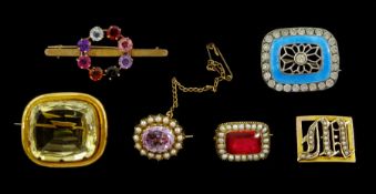 Four Victorian and later gold brooches including gold amethyst and seed pearl