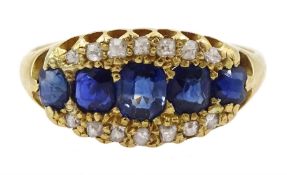 19th/early 20th century gold five stone graduating cushion cut sapphire and diamond chip three row r