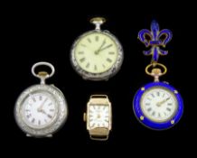 Three silver ladies cylinder fob watches