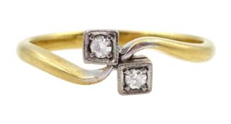 Art Deco gold milgrain set two stone old cut diamond crossover ring