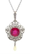 Early 20th century milgrain set synthetic ruby and old cut diamond pendant