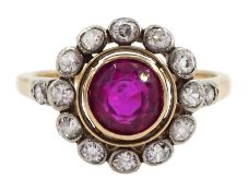 Early 20th century 15ct rose gold round synthetic ruby and milgrain set old cut diamond cluster ring