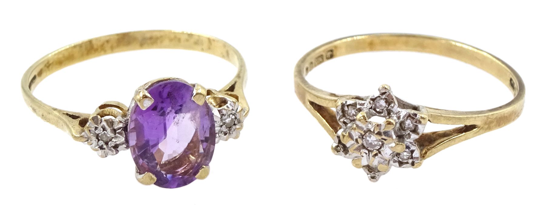 Gold three stone amethyst and diamond chip ring and a diamond chip cluster ring