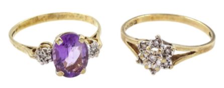 Gold three stone amethyst and diamond chip ring and a diamond chip cluster ring