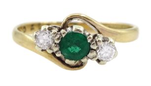 9ct gold three stone round cut emerald and round brilliant cut diamond ring