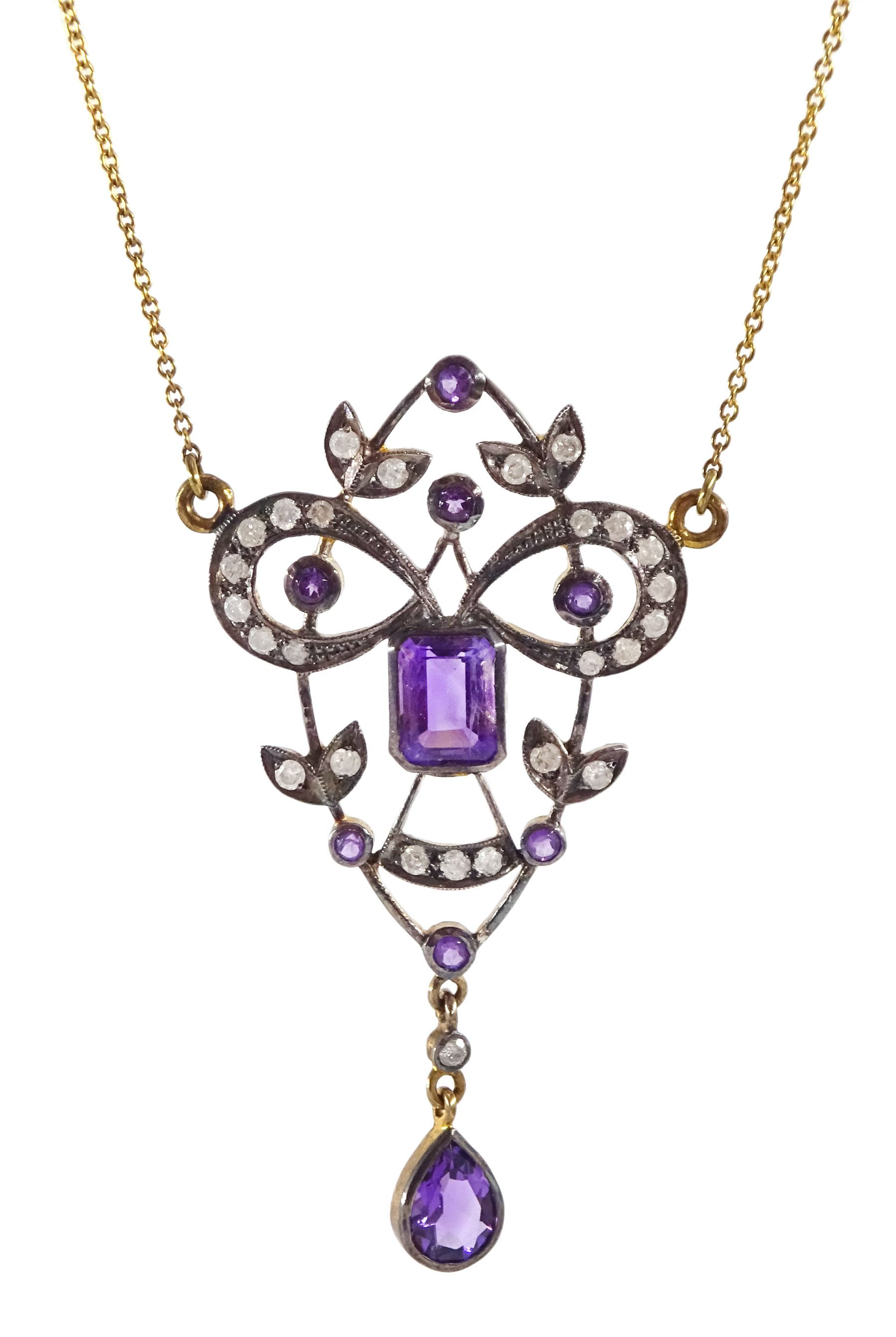 Gold and silver amethyst and diamond pendant necklace