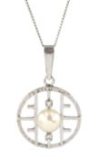 14ct white gold three stone pearl and round brilliant cut diamond circular openwork pendant