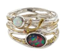 Silver and 14ct gold wire two stone opal ring