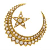 Victorian gold split pearl and old cut diamond star and crescent moon brooch