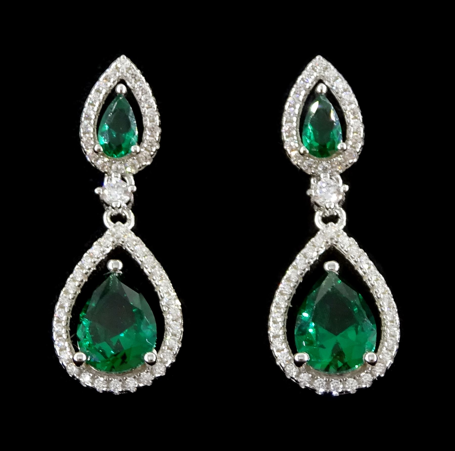 Pair of silver green stone and cubic zirconia pendant stud earrings