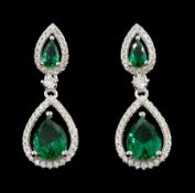 Pair of silver green stone and cubic zirconia pendant stud earrings
