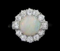 Art Deco white gold opal and old cut diamond cluster ring