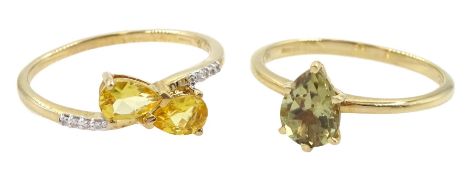 14ct gold single stone pear cut csarite ring and a 9ct gold clinohumite and white zircon ring