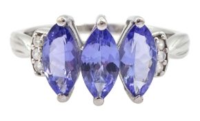 9ct white gold three stone marquise cut tanzanite and white zircon ring