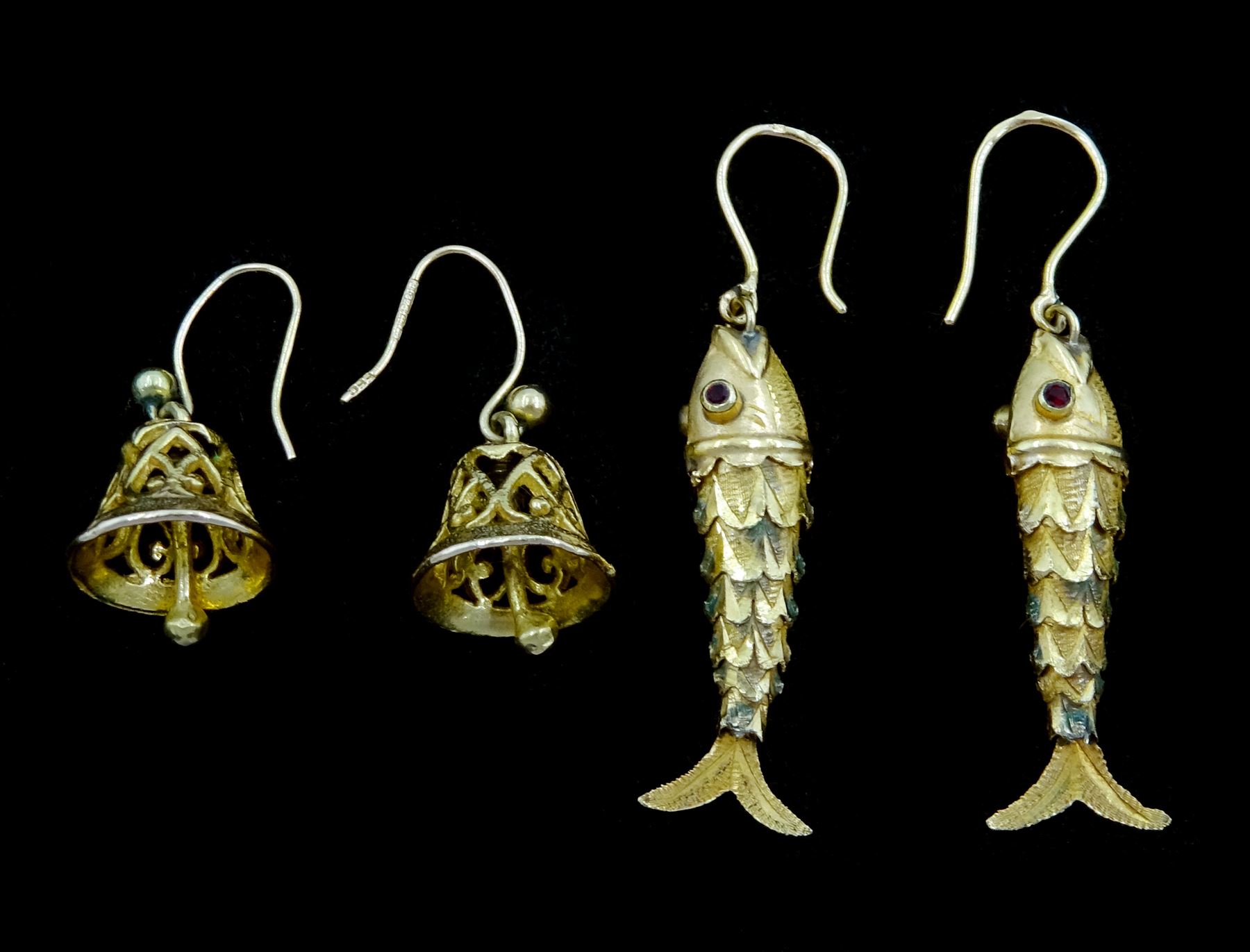 Pair of 14ct gold articulated fish pendant earrings and a pair of 9ct gold bell earrings