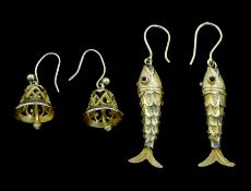 Pair of 14ct gold articulated fish pendant earrings and a pair of 9ct gold bell earrings