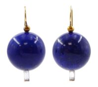 Pair of 15ct gold lapis lazuli bead and baguette cut diamond pendant earrings