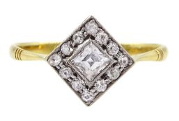 Gold milgrain set princess cut and round cut white sapphire square cluster ring