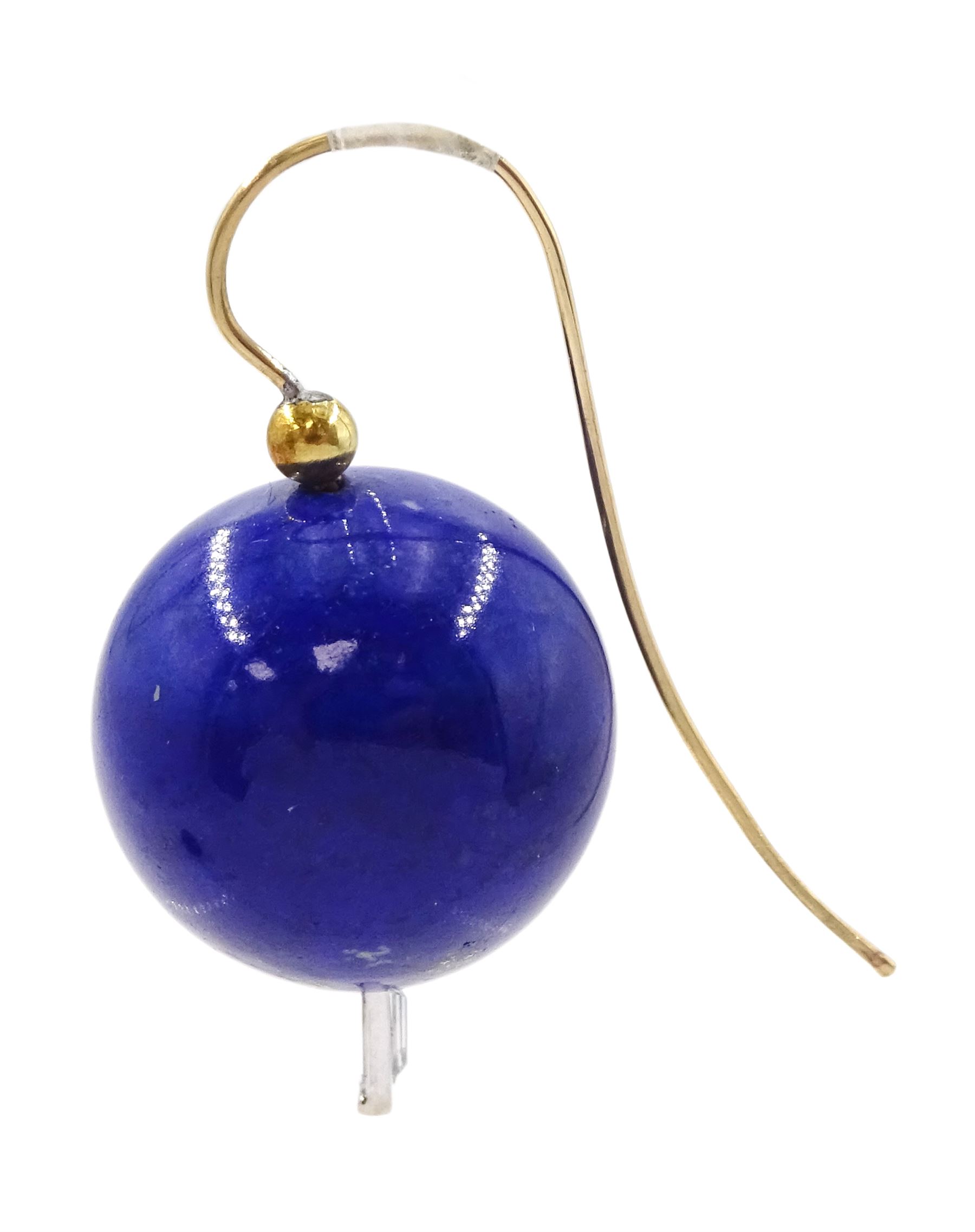 Pair of 15ct gold lapis lazuli bead and baguette cut diamond pendant earrings - Image 2 of 2