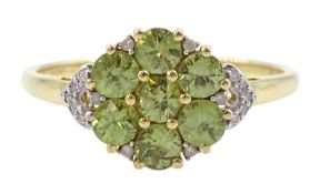 9ct gold demantoid garnet and round brilliant cut diamond cluster ring