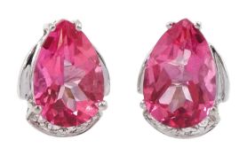 Pair of 18ct white gold pear cut pink tourmaline and diamond chip stud earrings