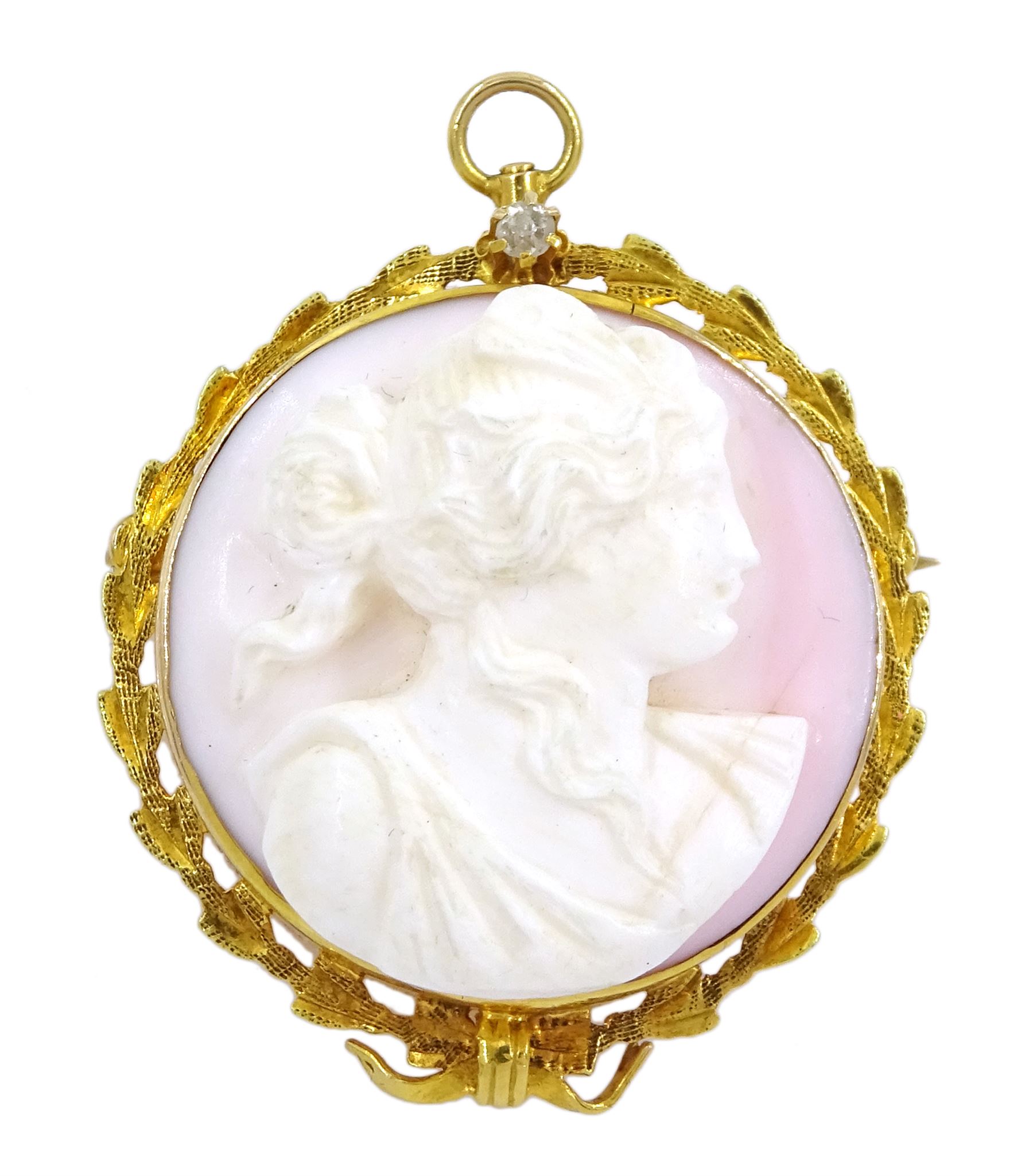 Gold conch shell cameo brooch