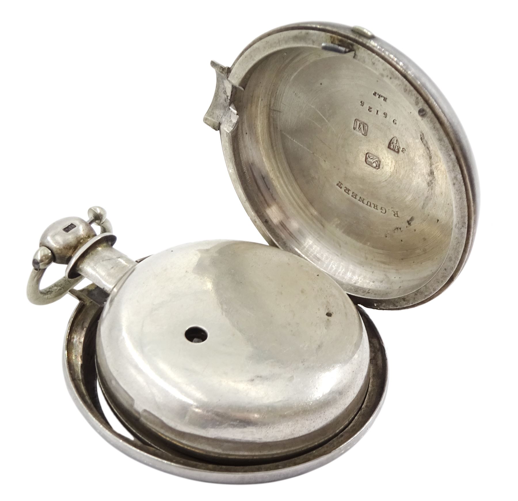 Victorian silver pair cased key wound fusee lever pocket watch by Richard Grunert - Image 2 of 3