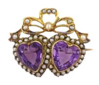 Victorian gold double heart shaped amethyst and seed pearl brooch