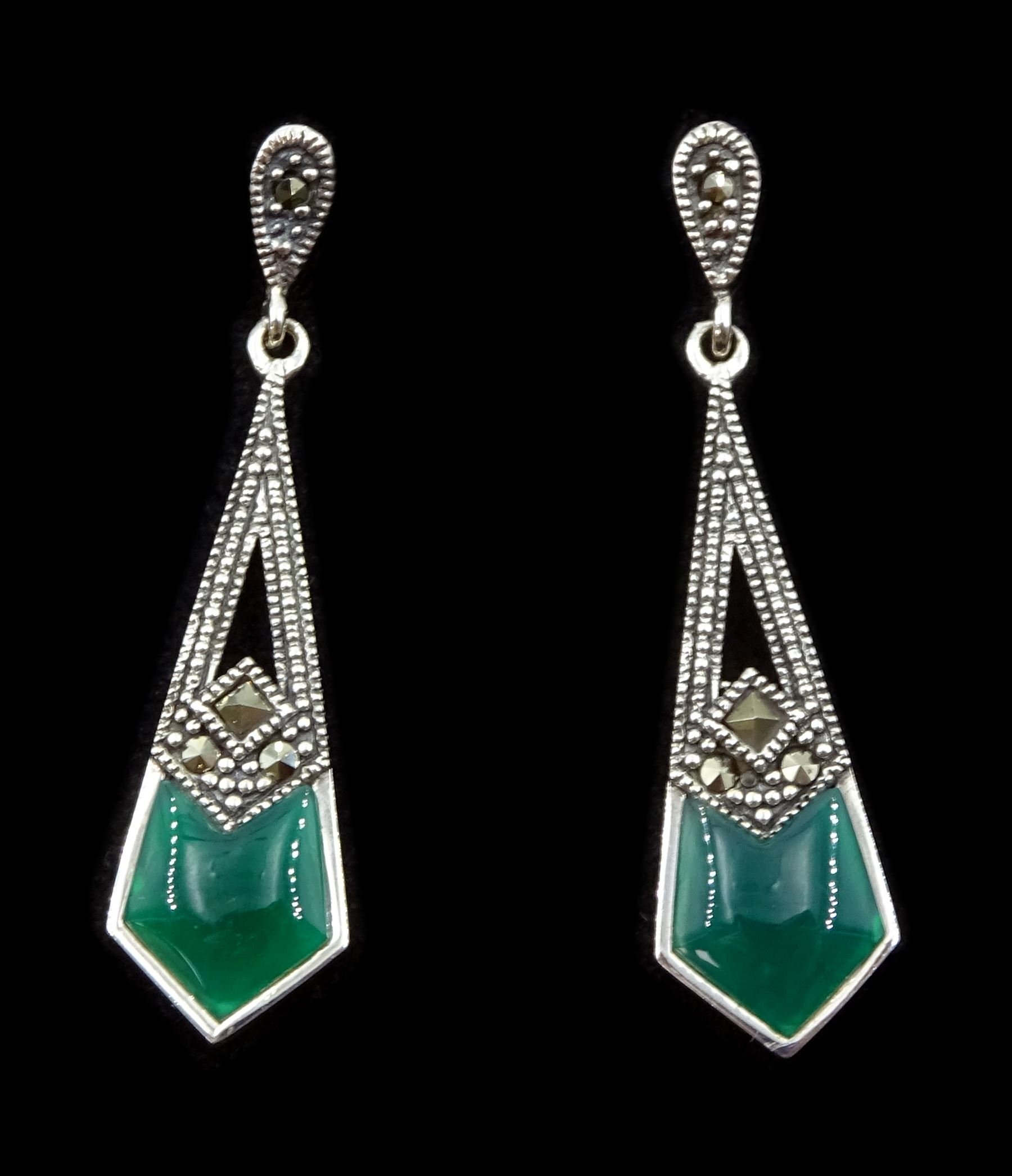 Pair of silver green agate and marcasite pendant stud earrings