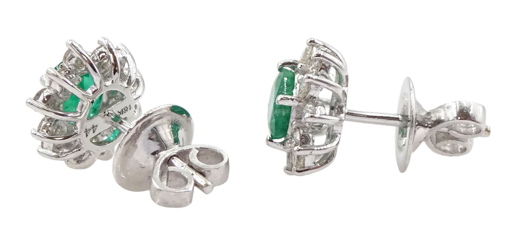 Pair of 18ct white gold emerald and diamond cluster stud earrings - Image 2 of 2