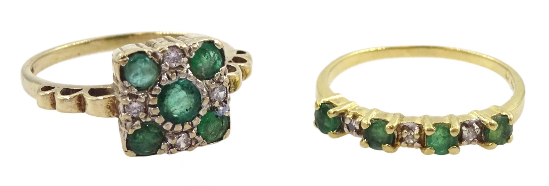 9ct gold emerald and diamond square panel ring and an 18ct gold seven stone emerald and diamond ring