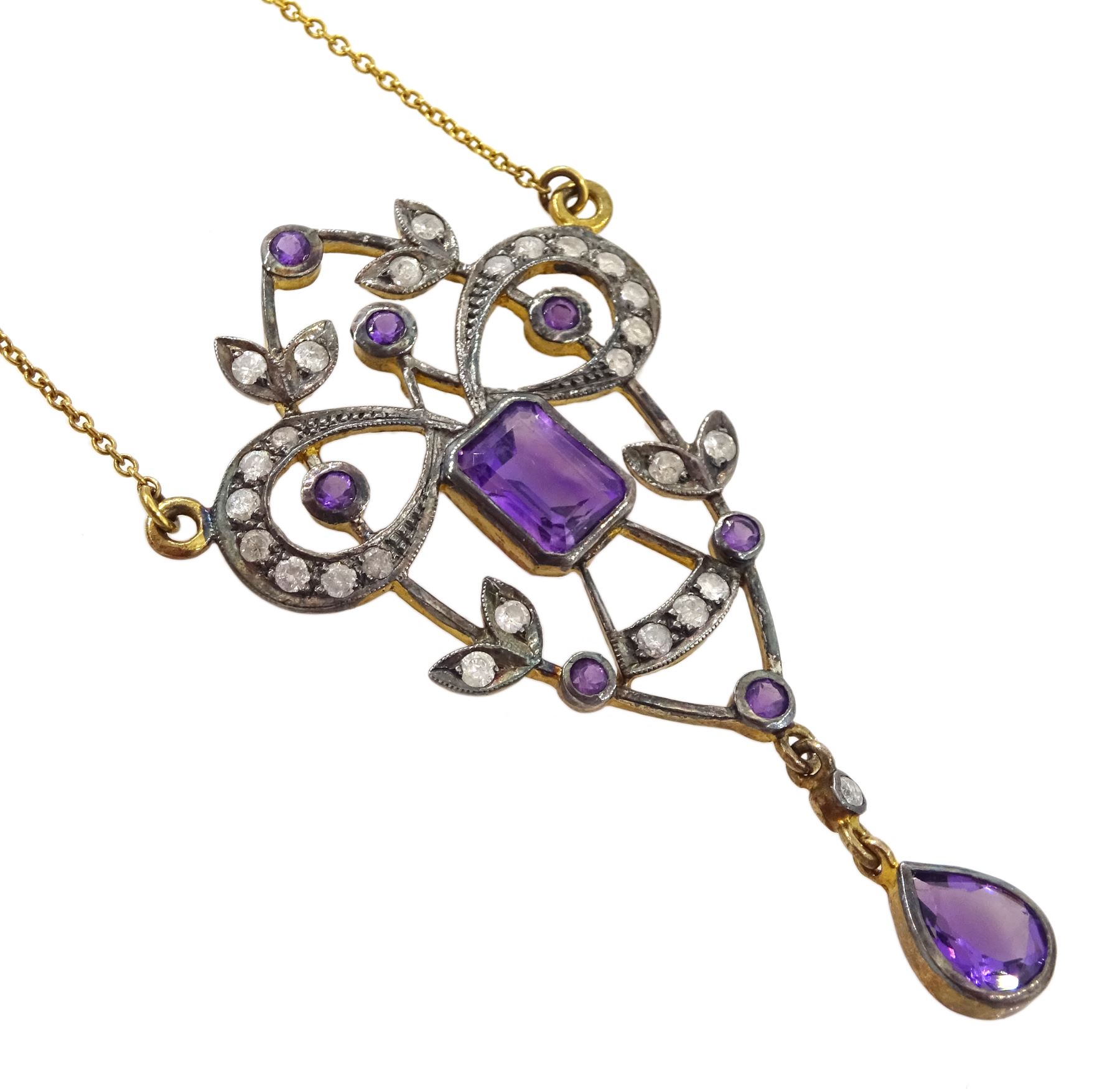 Gold and silver amethyst and diamond pendant necklace - Image 3 of 3