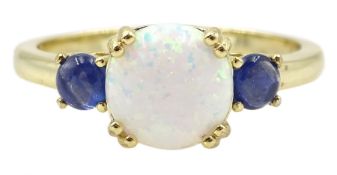 Silver-gilt three stone opal and sapphire ring