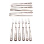 Set of 1920s silver Kings pattern dessert knives and forks for six place settings