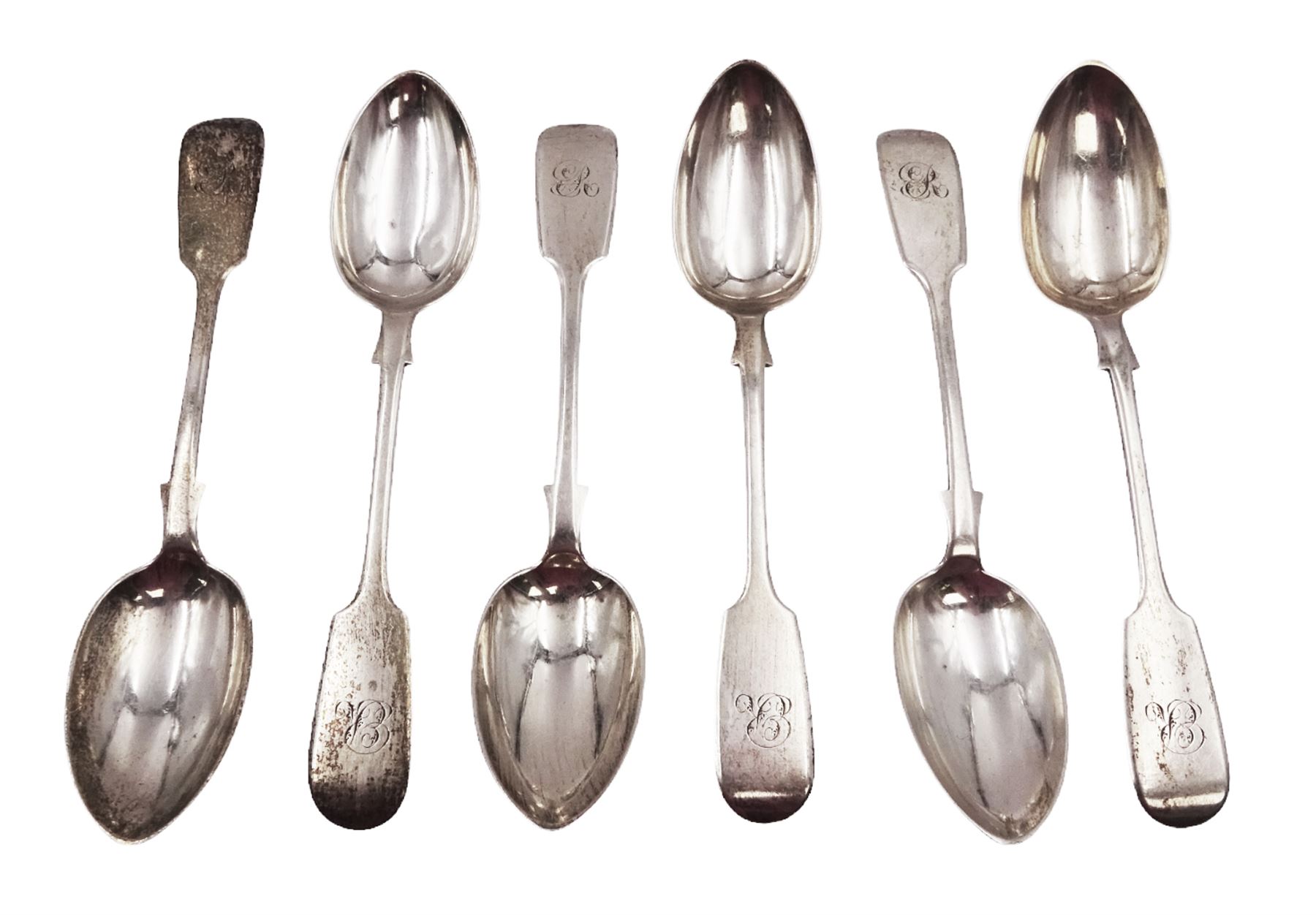 Set of six Victorian Exeter silver Fiddle pattern teaspoons