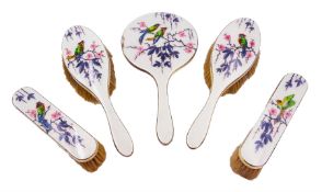 1920's five piece silver mounted and enamel dressing table set
