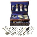 Partially stocked single drawer mahogany cutlery canteen with assorted silver plated fiddle pattern