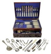 Partially stocked single drawer mahogany cutlery canteen with assorted silver plated fiddle pattern