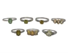 Seven 9ct white gold stone set rings