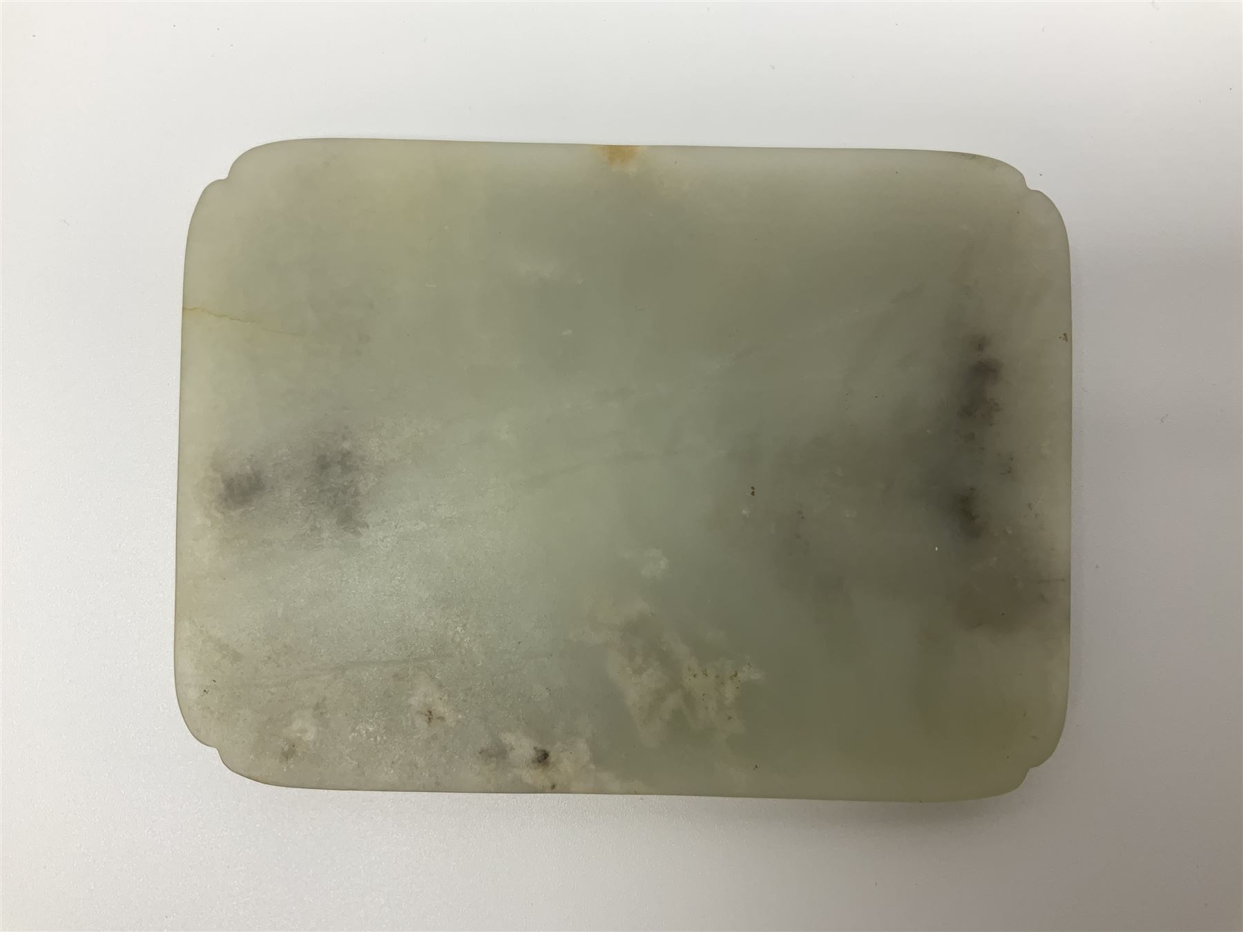 Pale celadon jade plaque carved in one side with a man riding his horse underneath flowering trees - Image 8 of 8